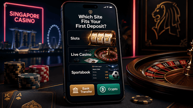 Singapore casino app screen showing deposit payment choices for slots live casino sportsbook