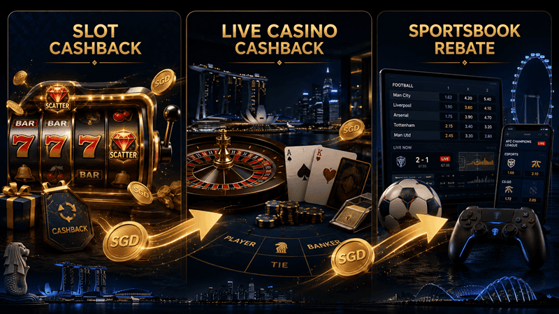 Types of Cashback Offers: slot cashback, live casino cashback, sportsbook rebate